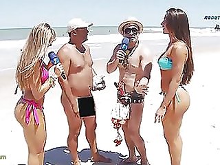 Brazilian Reporter On The Beach With Two Hot Babes
